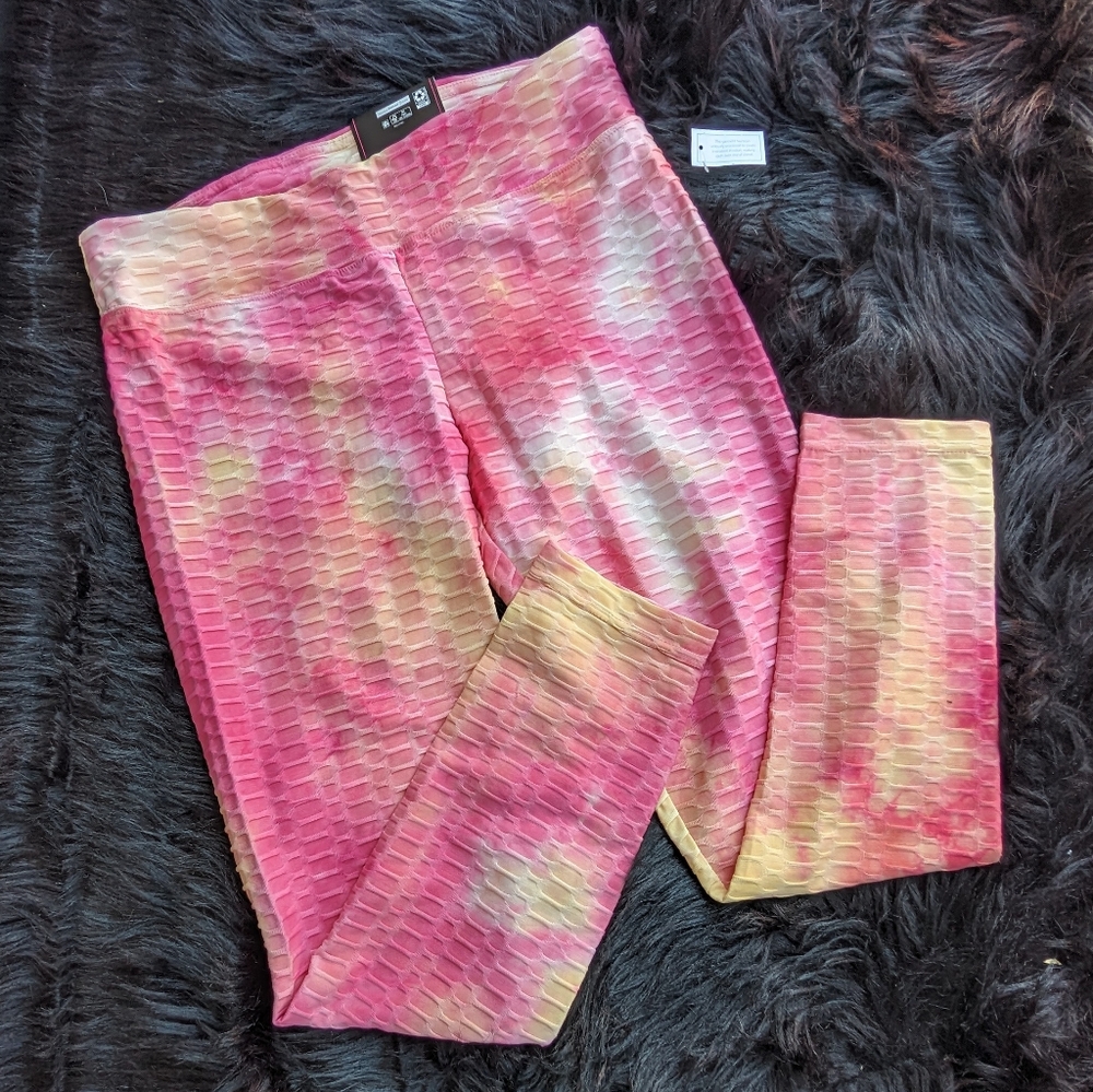 High-Rise legging, textured, ruched seam, NWT, beautiful pink and yellow pastel - Picture 1 of 3